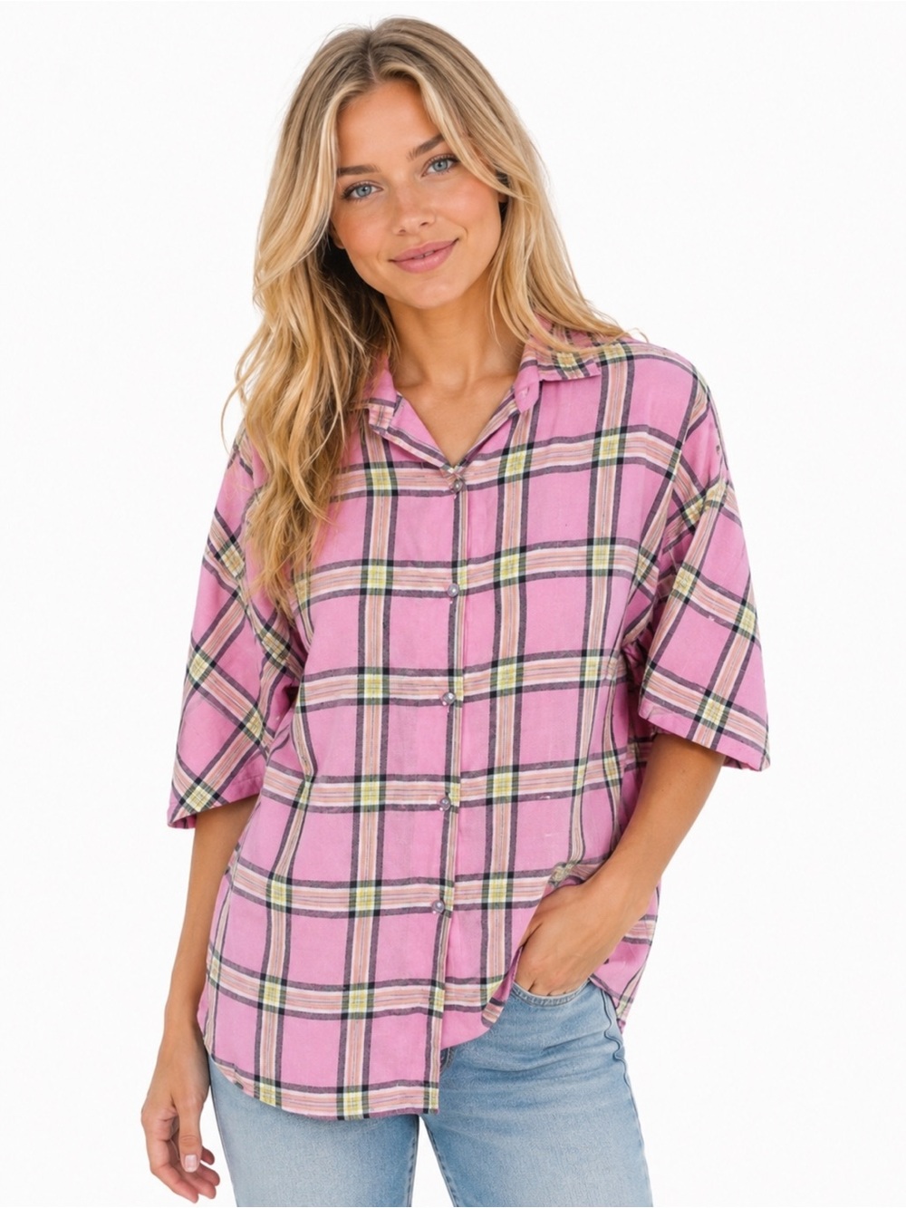 3 for 20 $ bundle Vintage 60s pink plaid housewife oversized shirt
